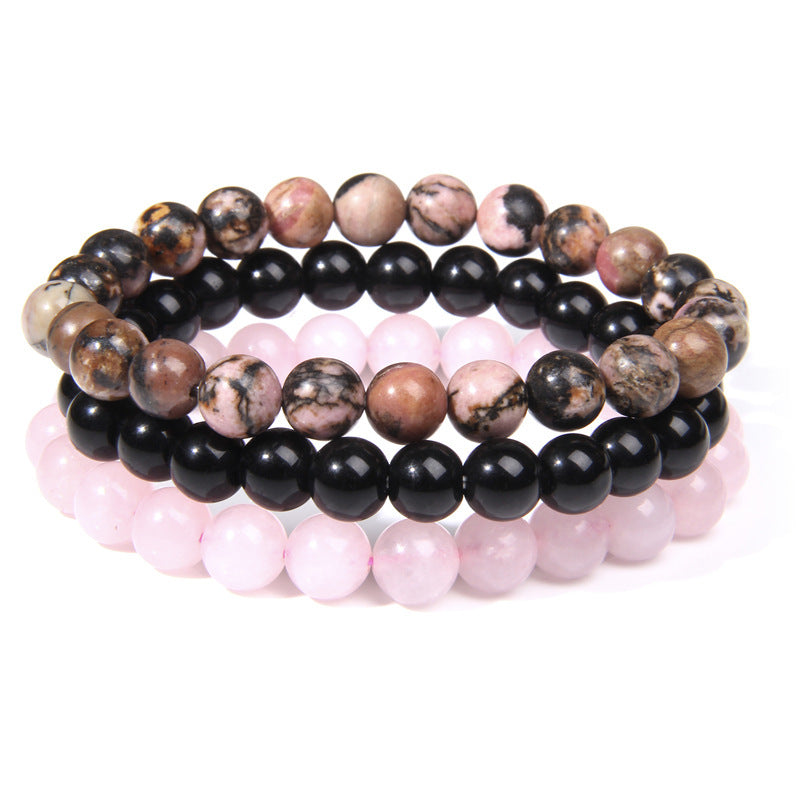 Stress Relief Crystal Bracelet Set | Black Onyx, Rhodonite, and Rose Quartz